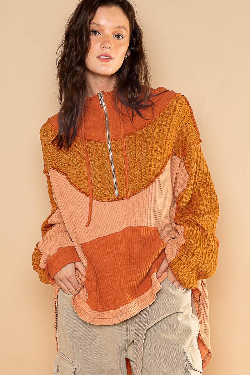 POL Hooded Turtleneck Sweater Panels Sweatshirt Top