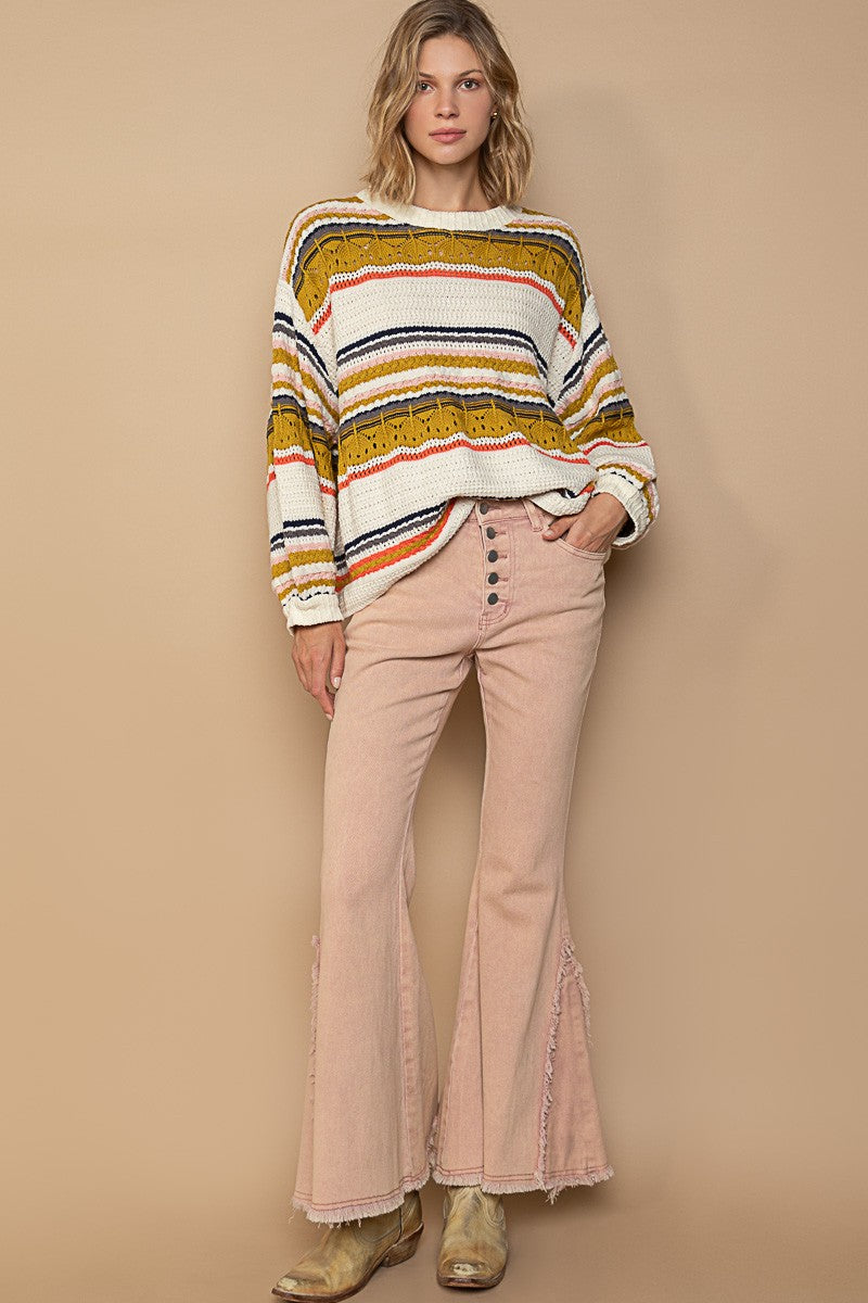 POL Balloon Sleeve Striped Pullover Sweater Top