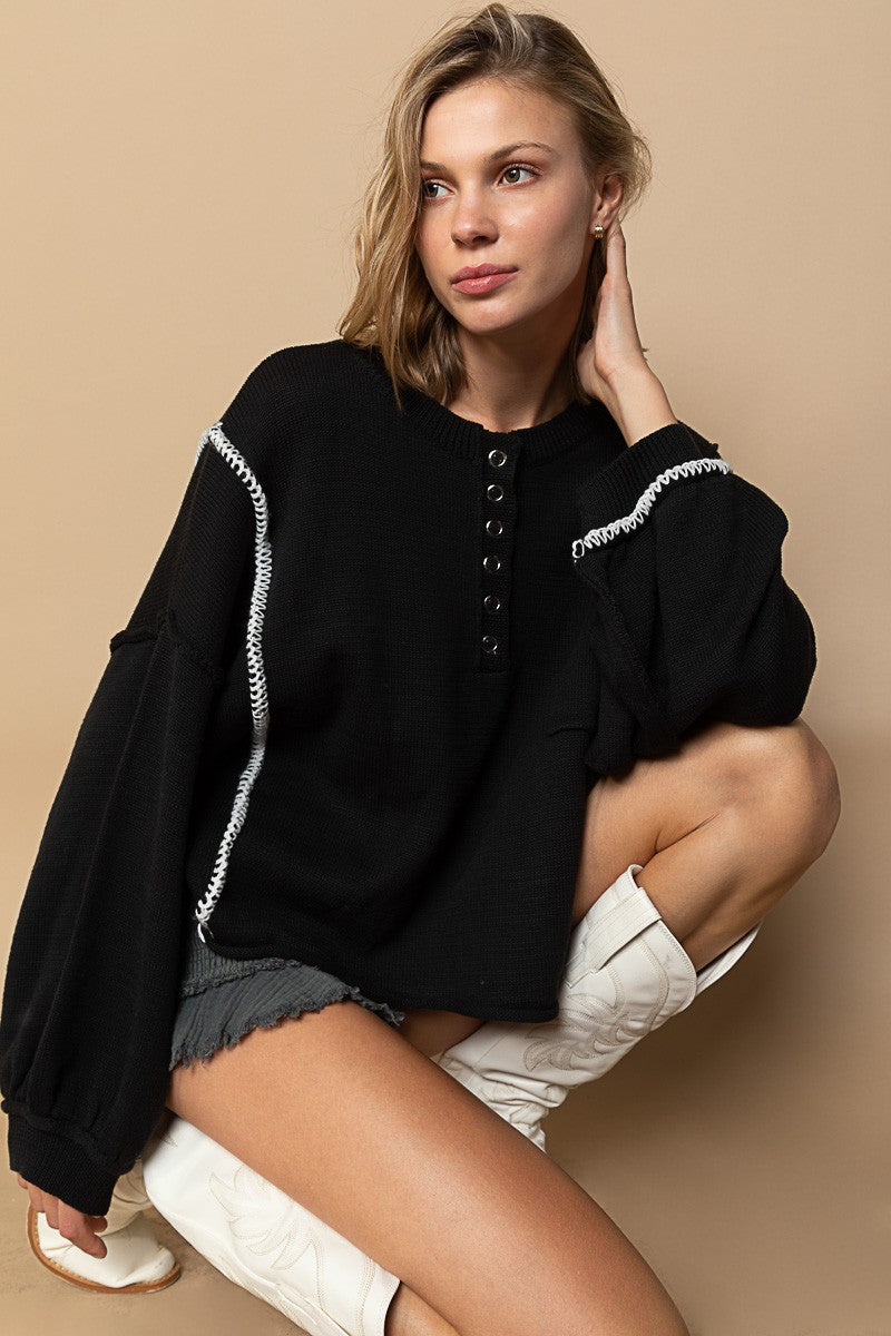 POL Henley Button Chest Pocket Round Neck Sweater Top