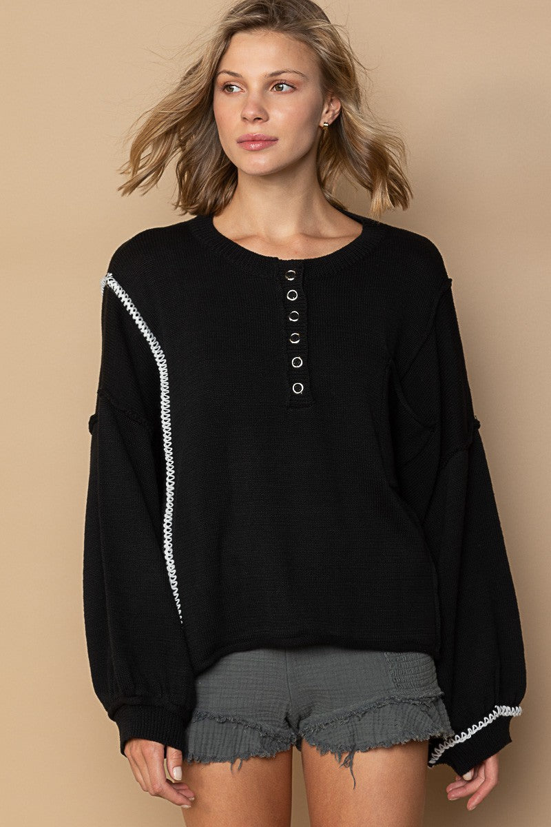 POL Henley Button Chest Pocket Round Neck Sweater Top