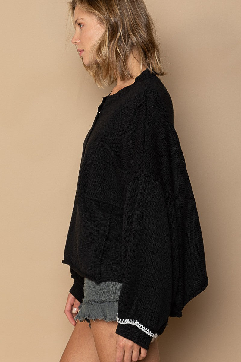 POL Henley Button Chest Pocket Round Neck Sweater Top