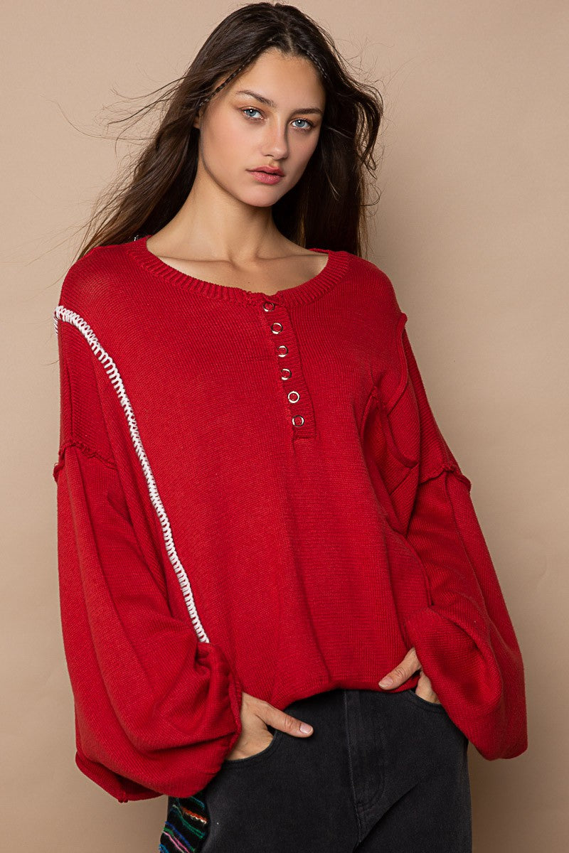 POL Henley Button Chest Pocket Round Neck Sweater Top
