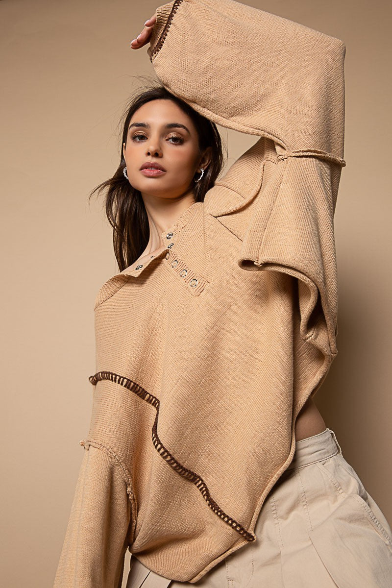 POL Henley Button Chest Pocket Round Neck Sweater Top