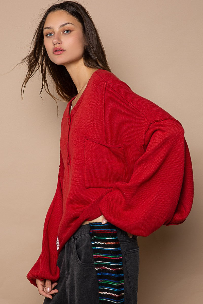 POL Henley Button Chest Pocket Round Neck Sweater Top