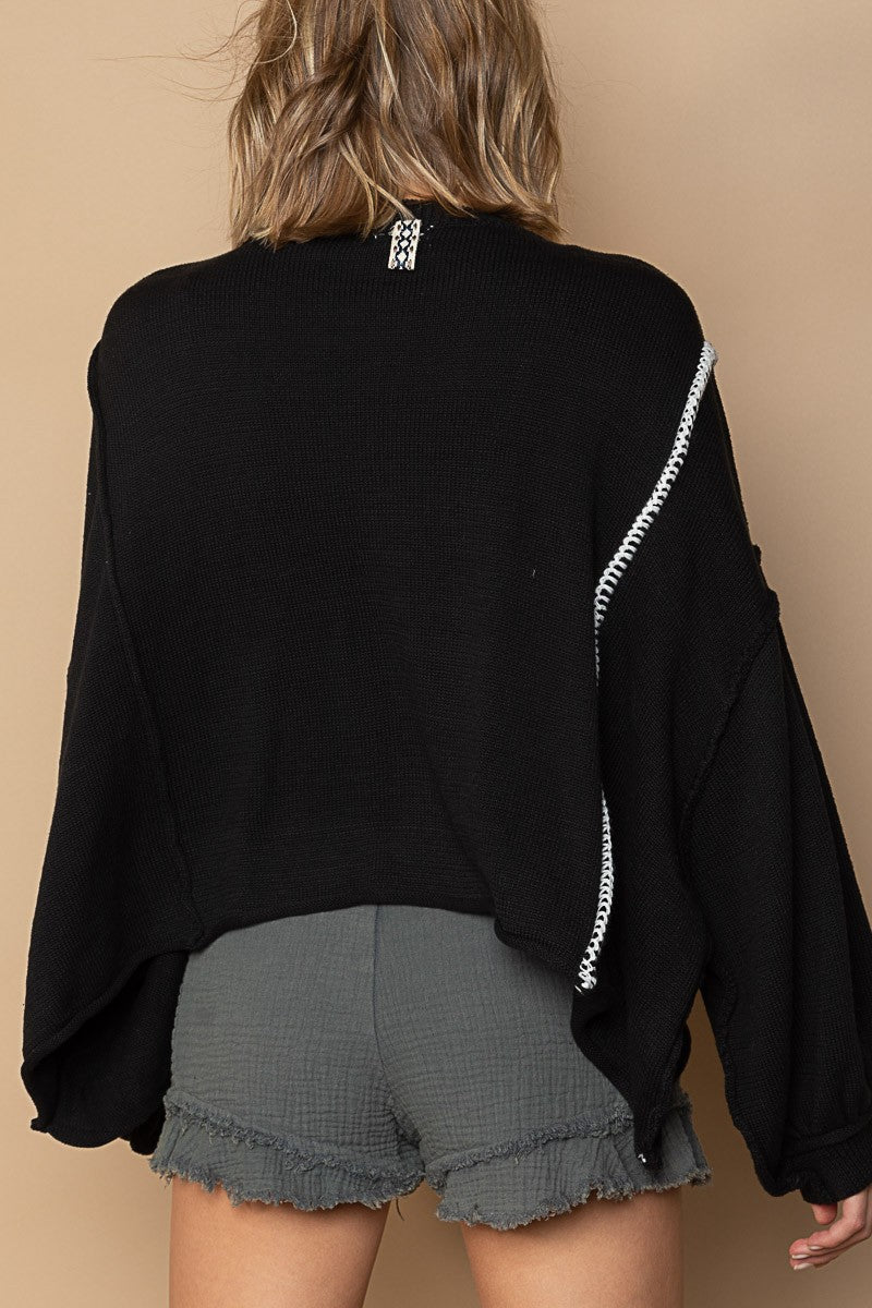 POL Henley Button Chest Pocket Round Neck Sweater Top