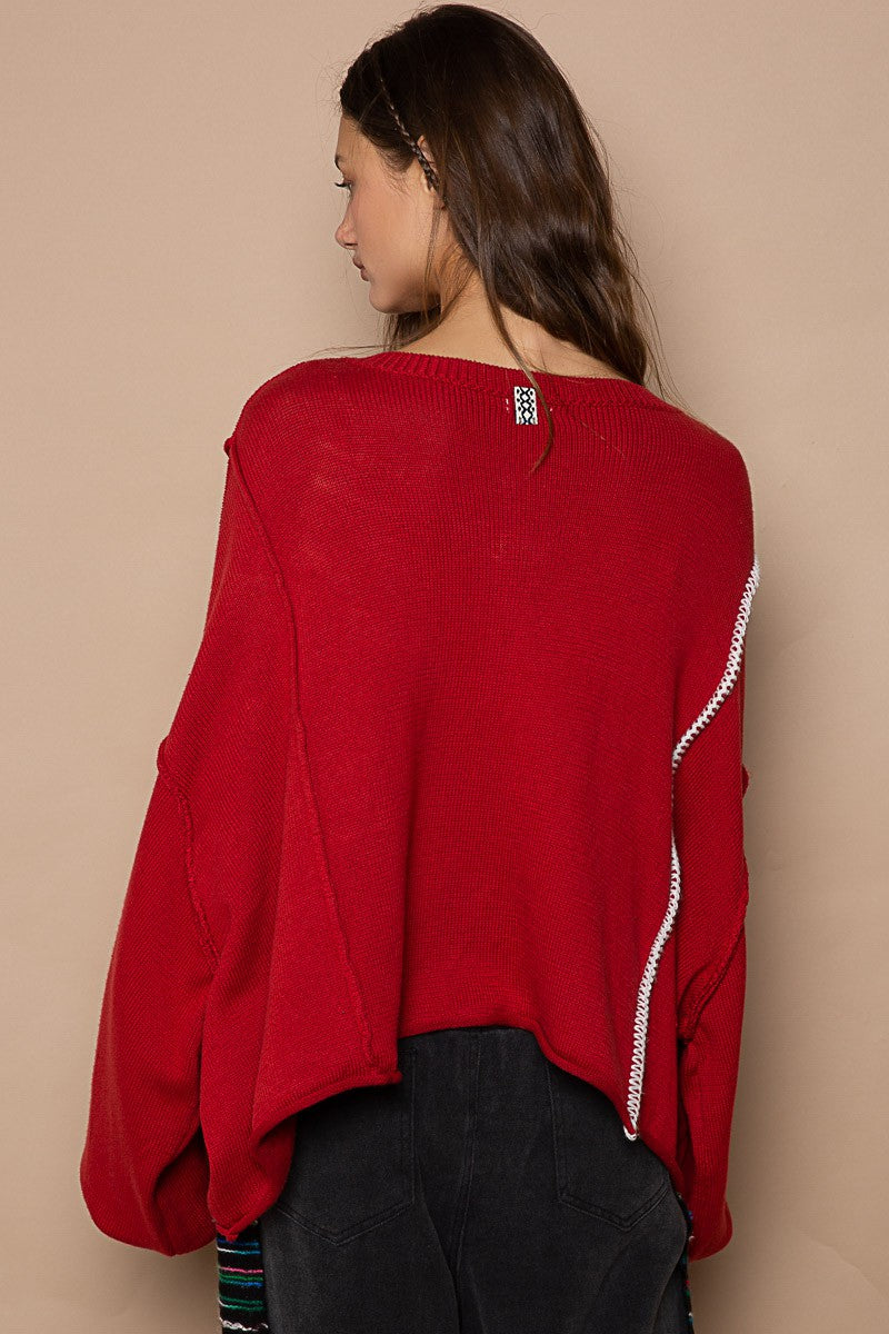 POL Henley Button Chest Pocket Round Neck Sweater Top