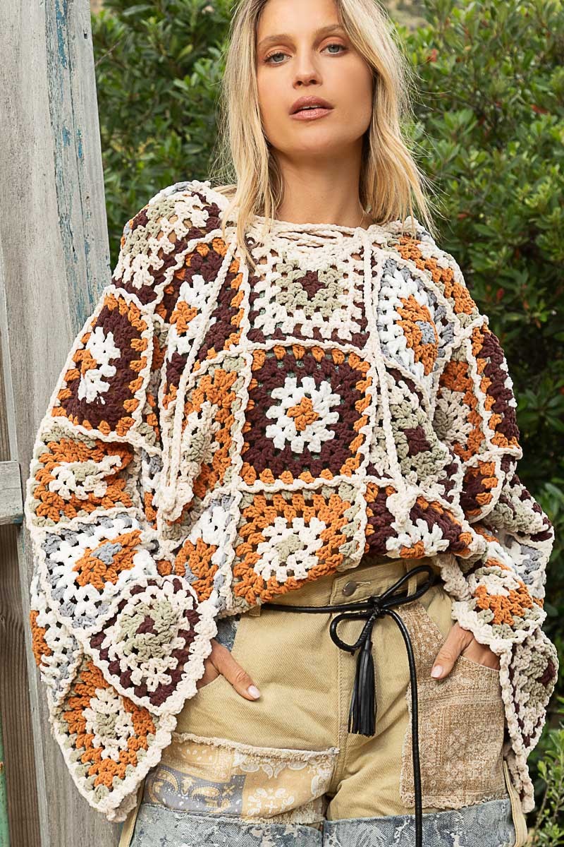 POL Hand Knit Color Block Pattern Hooded Sweater Top