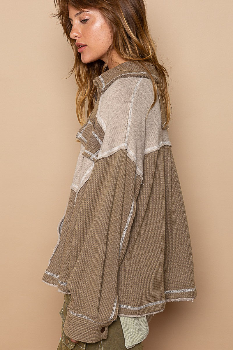 POL Collar Half Zipper Front Kangroo Pocket Knit Top