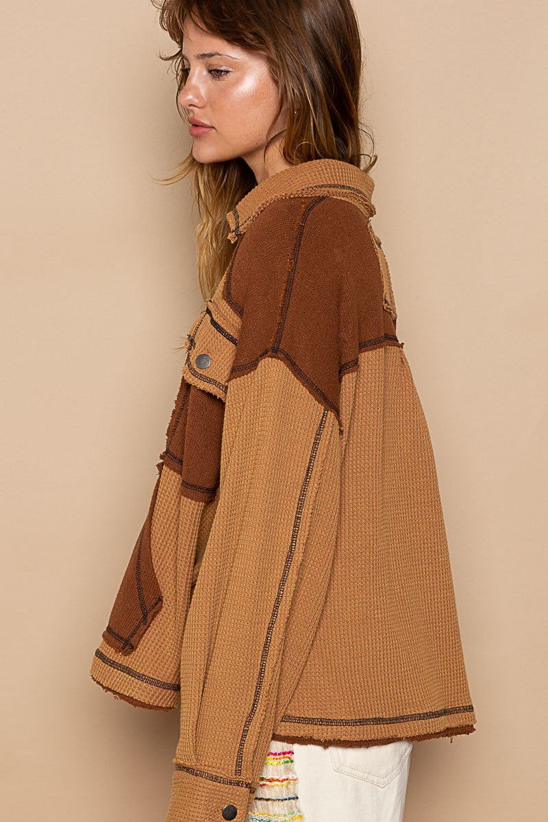 POL Collar Half Zipper Front Kangroo Pocket Knit Top