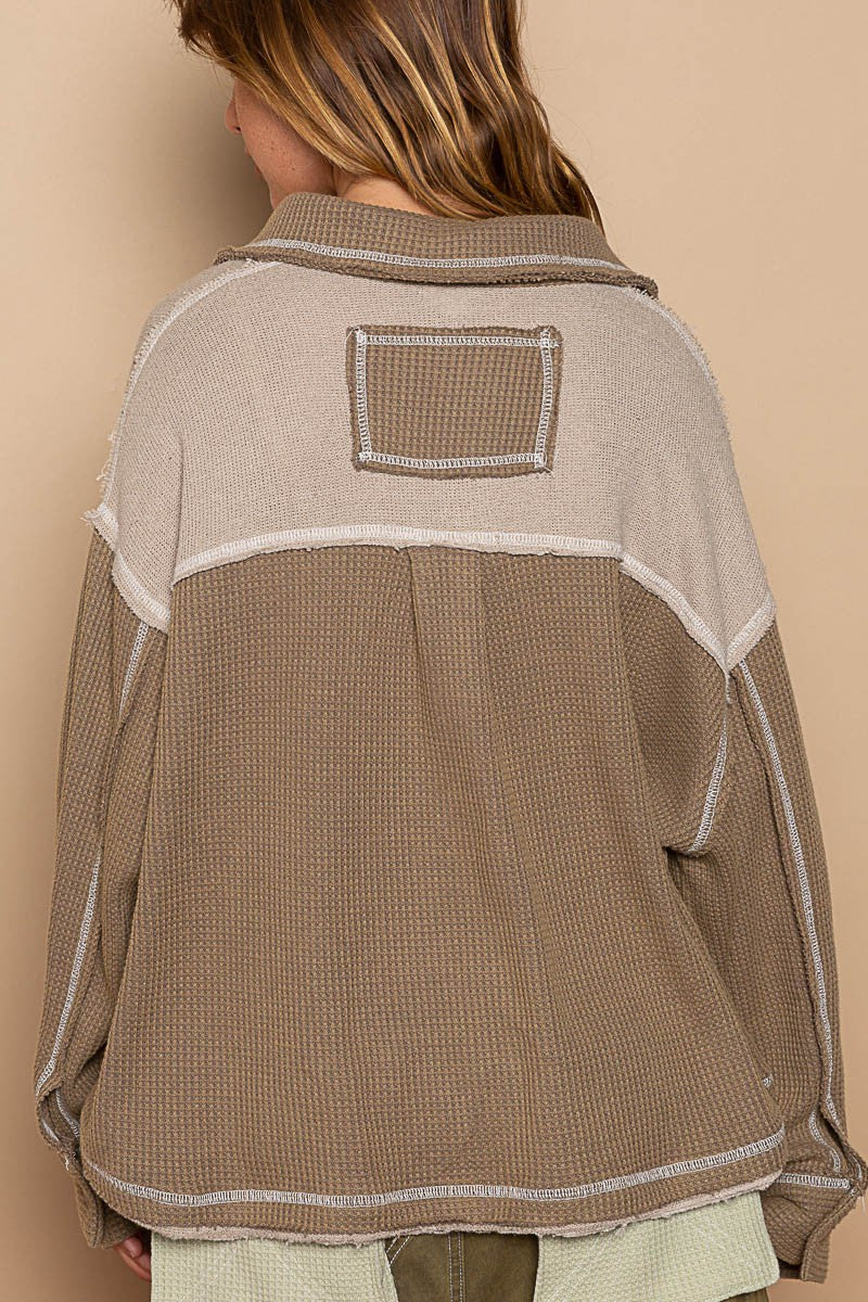 POL Collar Half Zipper Front Kangroo Pocket Knit Top