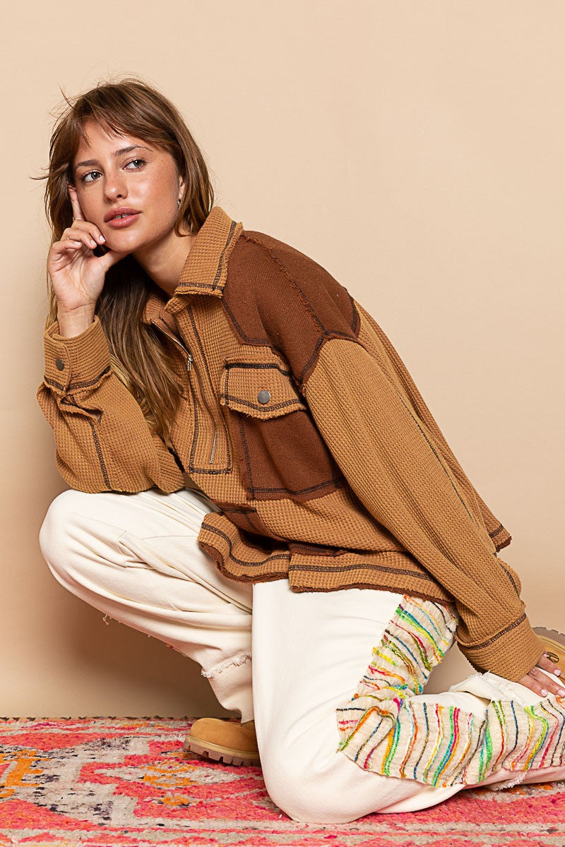 POL Collar Half Zipper Front Kangroo Pocket Knit Top