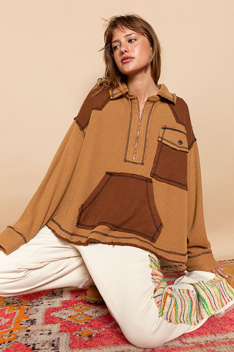 POL Collar Half Zipper Front Kangroo Pocket Knit Top