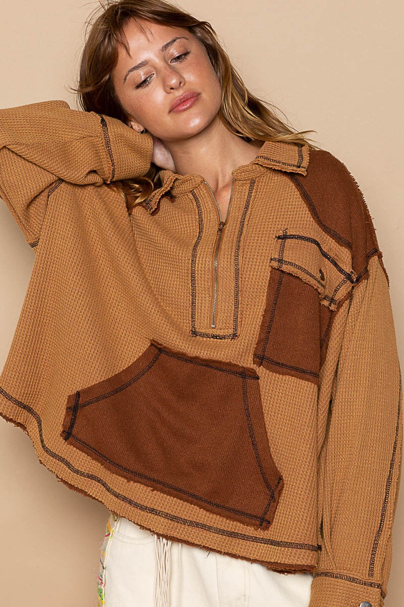 POL Collar Half Zipper Front Kangroo Pocket Knit Top