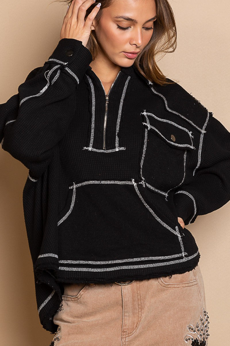 POL Collar Half Zipper Front Kangroo Pocket Knit Top