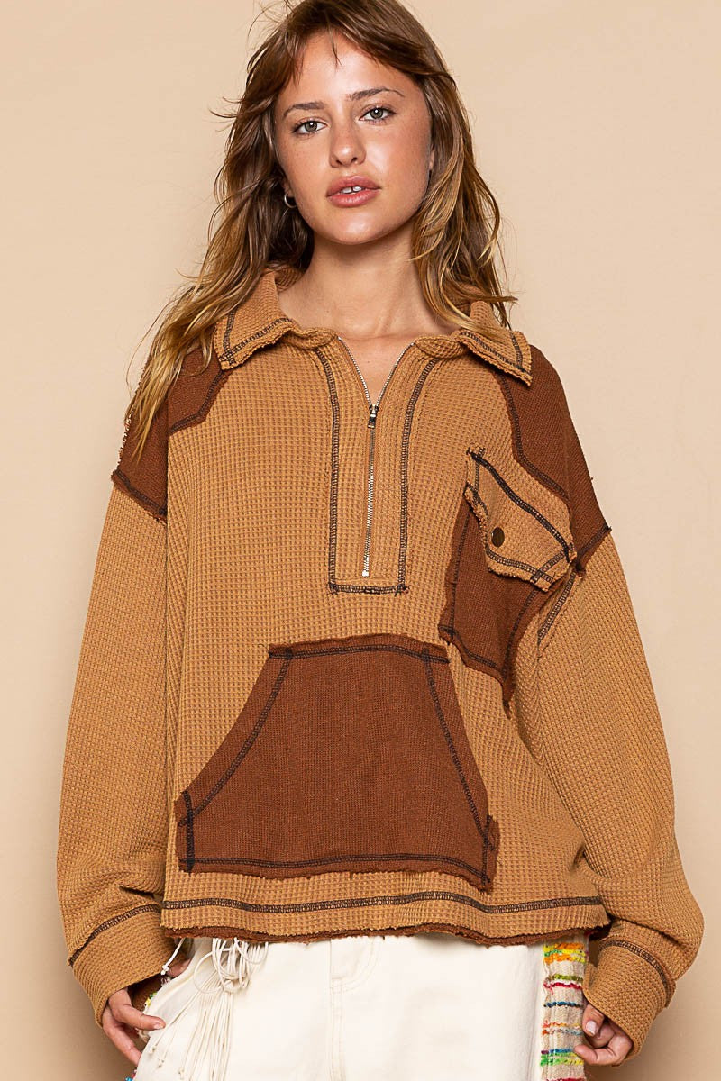 POL Collar Half Zipper Front Kangroo Pocket Knit Top