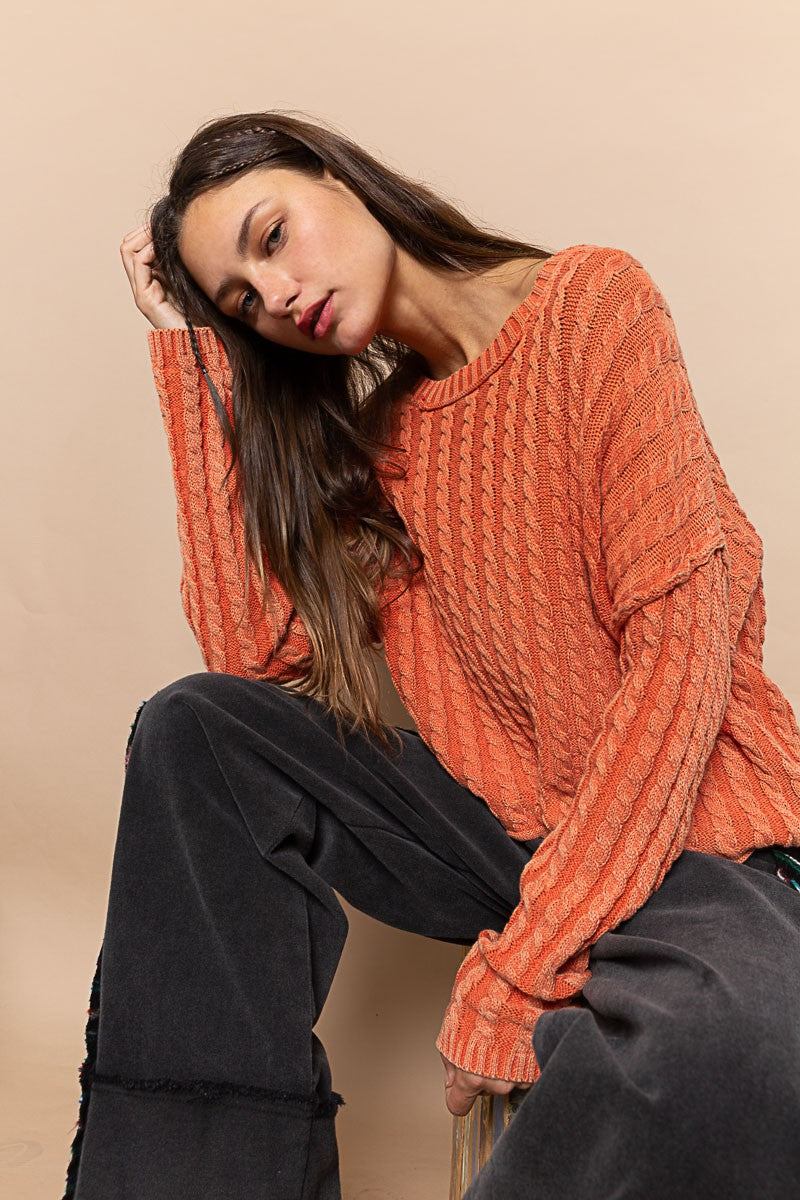 POL Twisted Weave Vintage Wash Pullover Sweaters Top