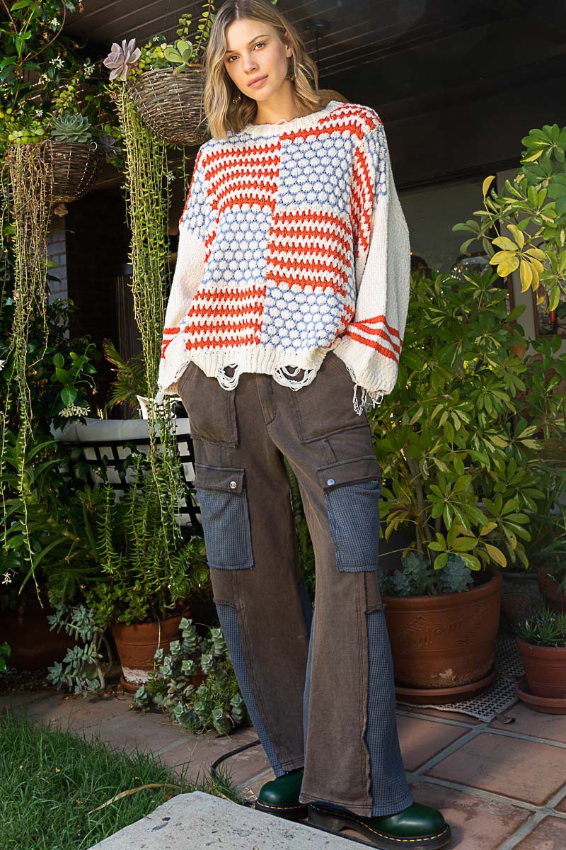 POL Multi Pattern Color Block Distressed Sweater Top