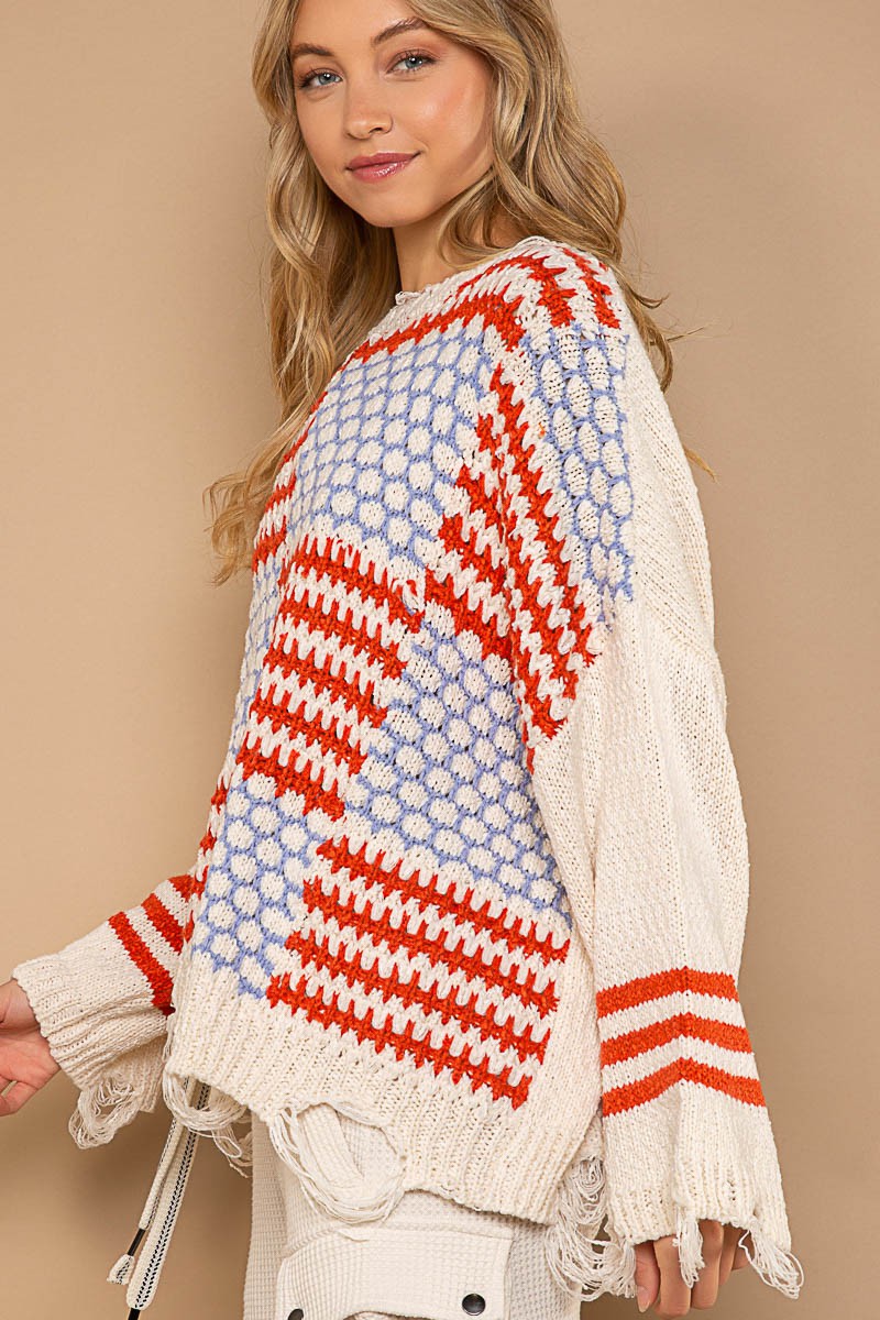 POL Multi Pattern Color Block Distressed Sweater Top