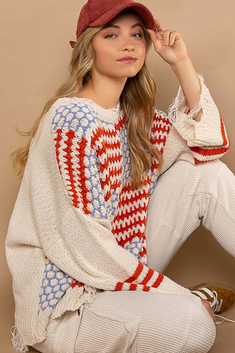 POL Multi Pattern Color Block Distressed Sweater Top