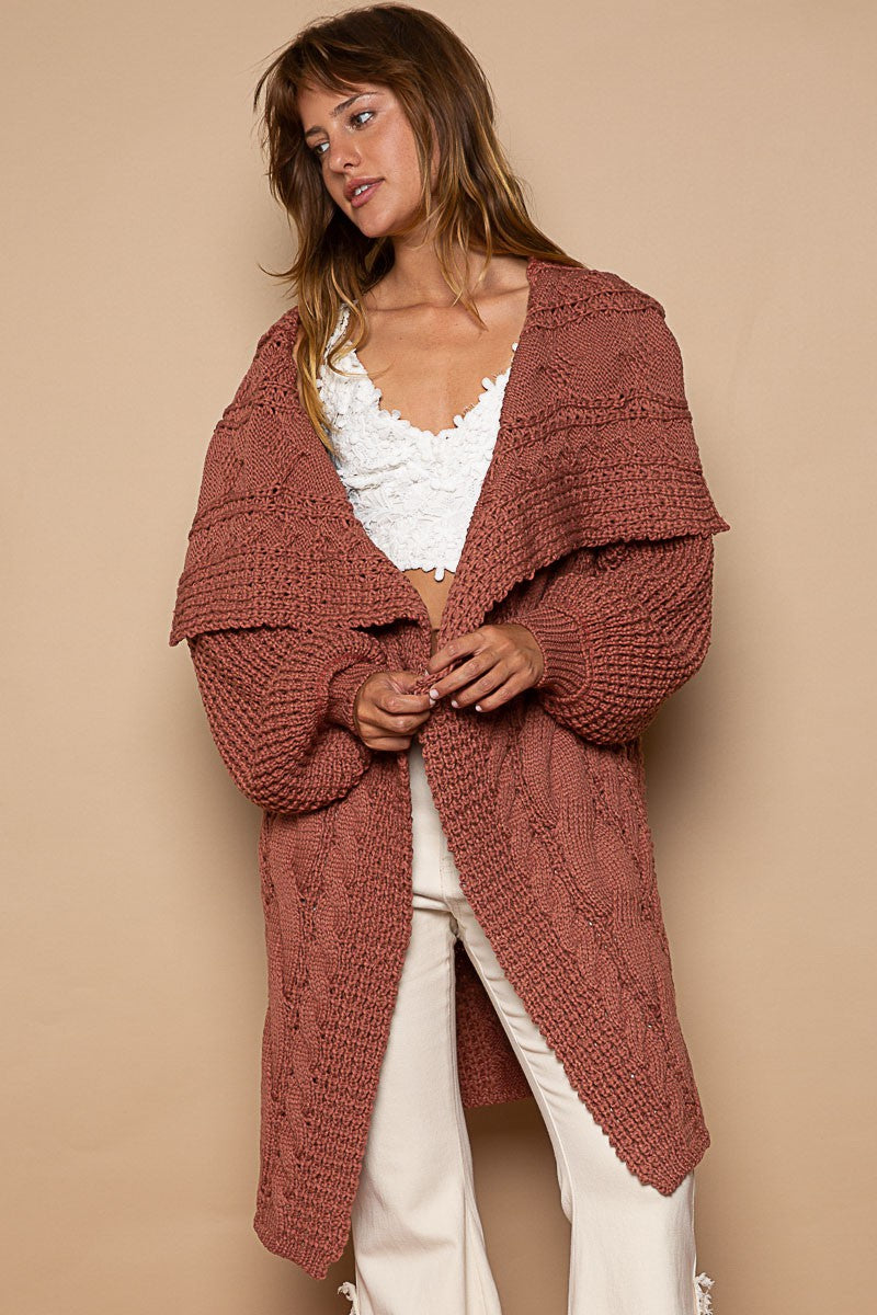 POL Twist Weave Shawl Collar Balloon Sweater Cardigan Top