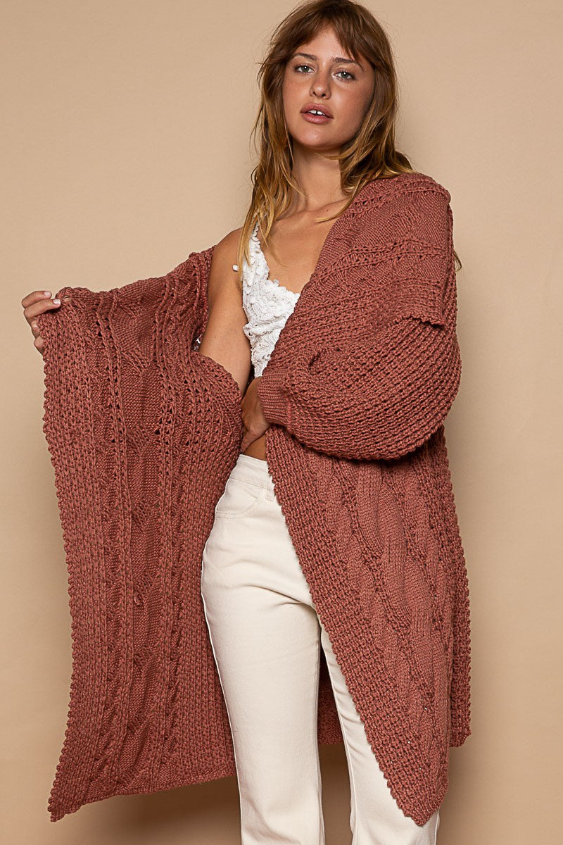 POL Twist Weave Shawl Collar Balloon Sweater Cardigan Top