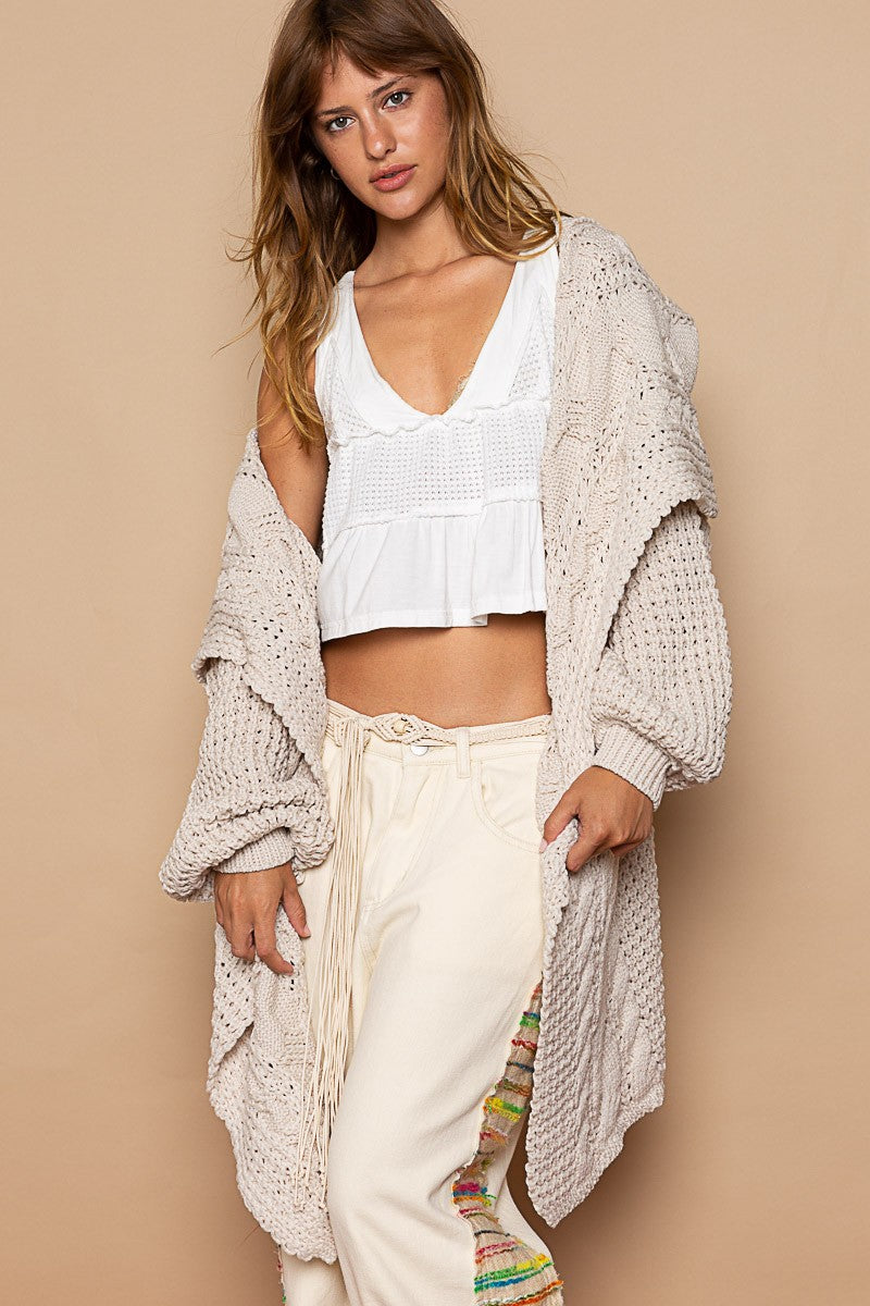 POL Twist Weave Shawl Collar Balloon Sweater Cardigan Top