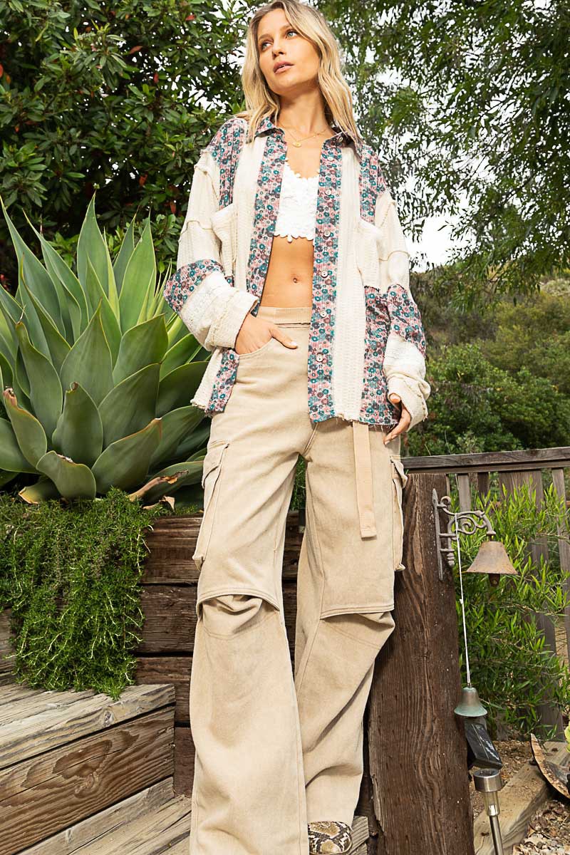 POL Cut And Sew Floral Print Button Down Shirt Top