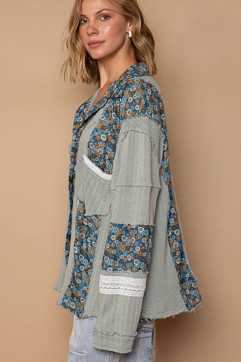 POL Cut And Sew Floral Print Button Down Shirt Top