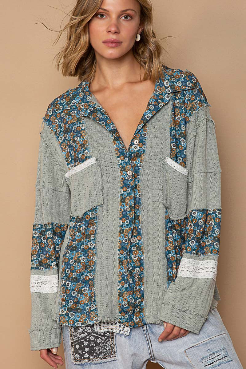 POL Cut And Sew Floral Print Button Down Shirt Top