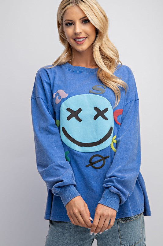 Easel Smiley Face Mineral Washed Top - Roulhac Fashion Boutique