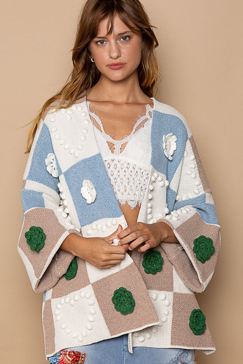 POL Short Sleeve Color Block Checker Flower Cardigan Top