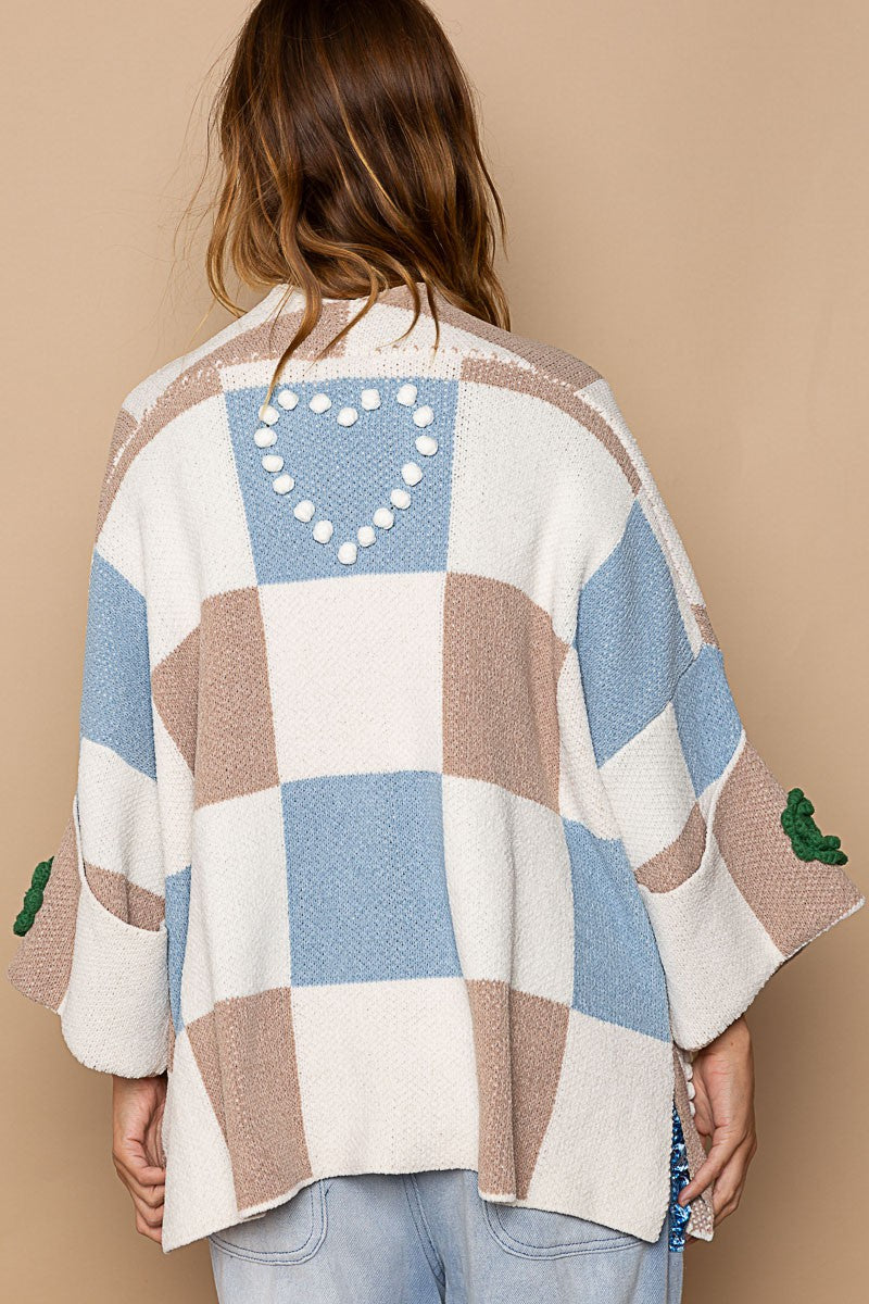 POL Short Sleeve Color Block Checker Flower Cardigan Top