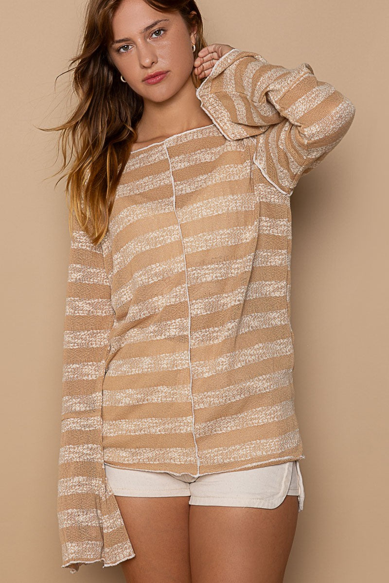 POL Flare Sleeve Boat Neck Striped Pattern Knit Top