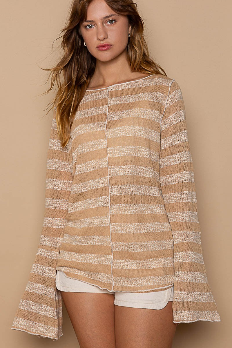 POL Flare Sleeve Boat Neck Striped Pattern Knit Top