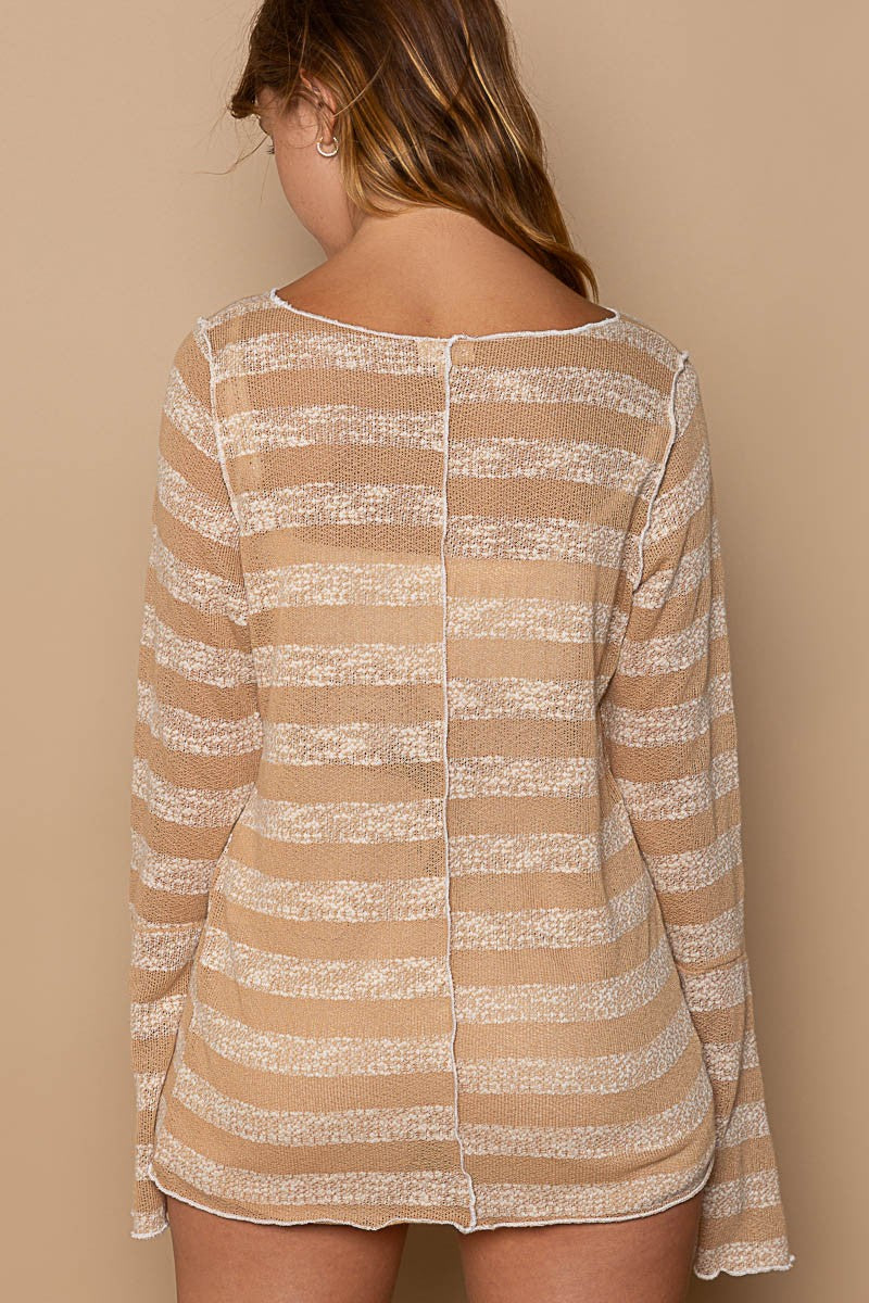 POL Flare Sleeve Boat Neck Striped Pattern Knit Top