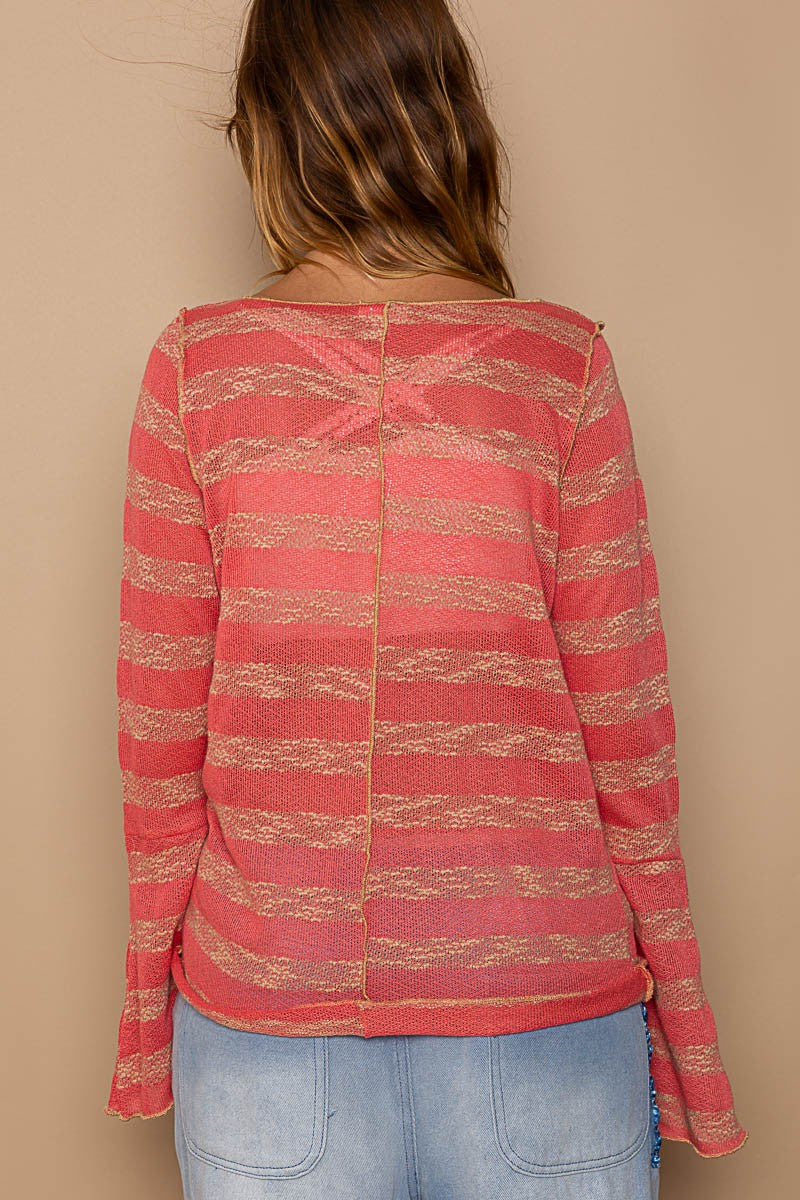 POL Flare Sleeve Boat Neck Striped Pattern Knit Top