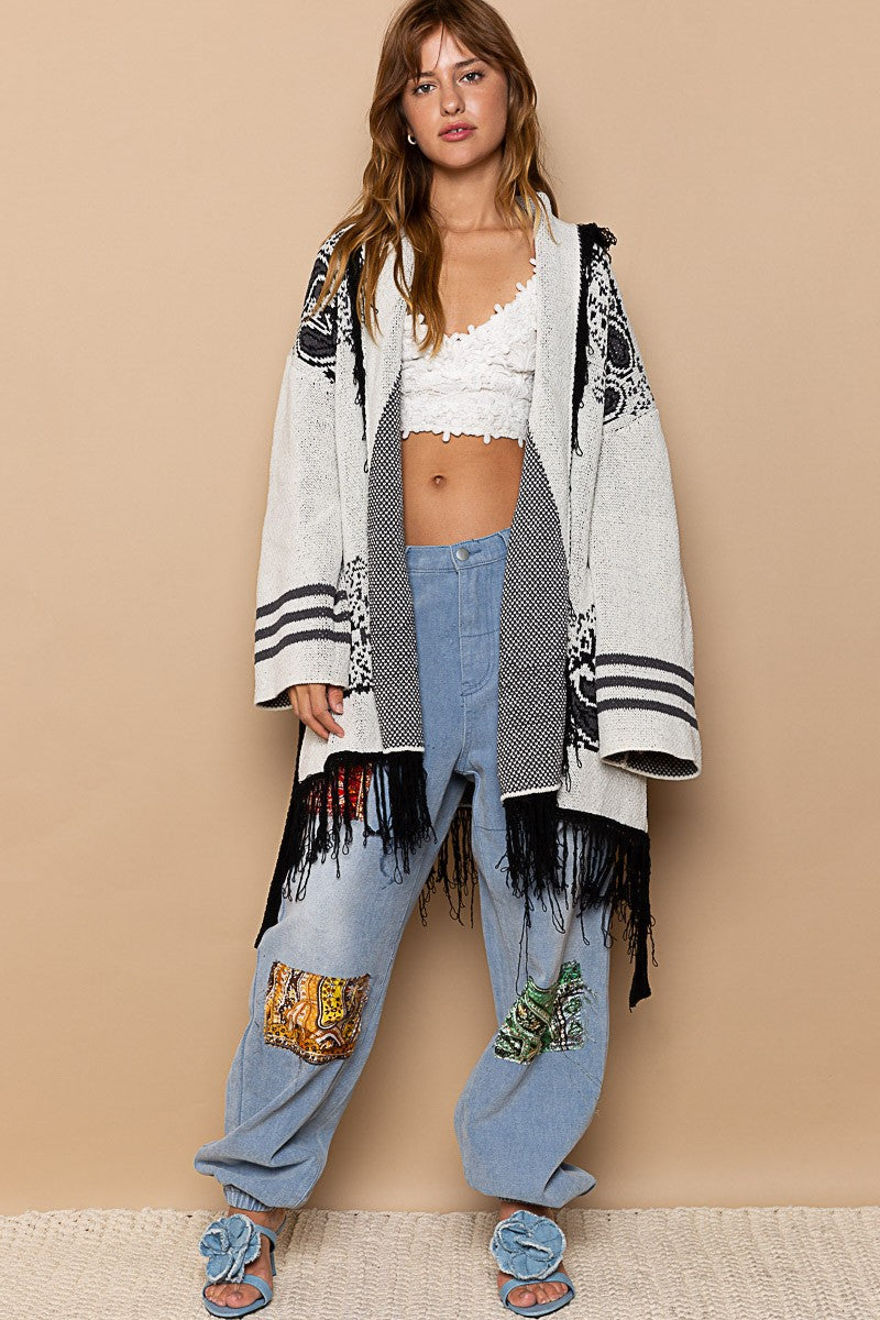 POL Fringe Paisley Shawl Collar Wrapped Cardigan Top