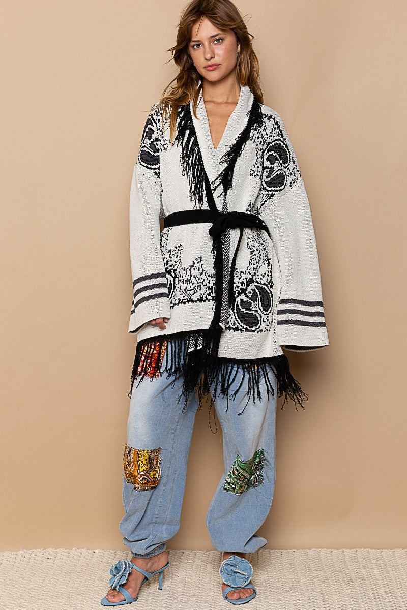 POL Fringe Paisley Shawl Collar Wrapped Cardigan Top
