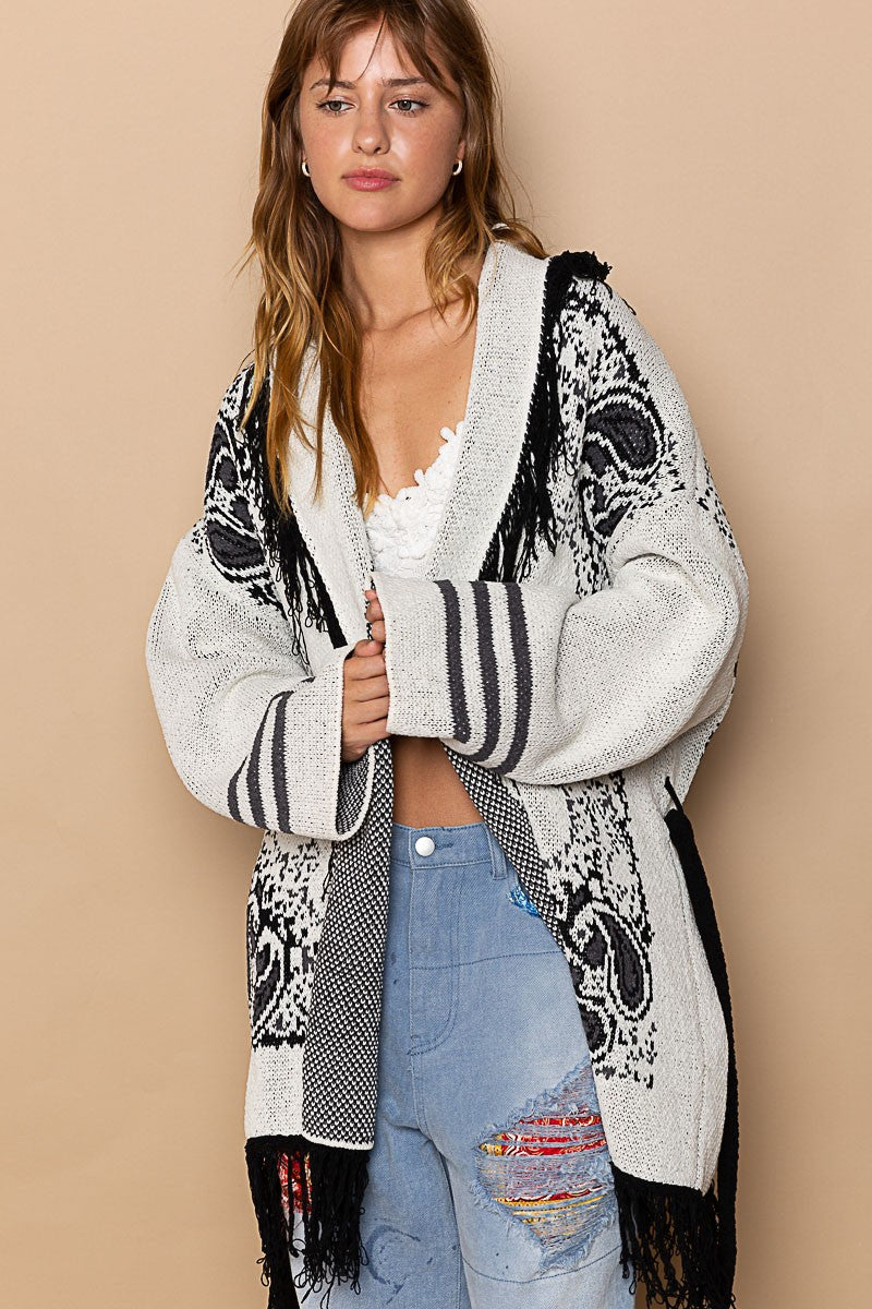 POL Fringe Paisley Shawl Collar Wrapped Cardigan Top