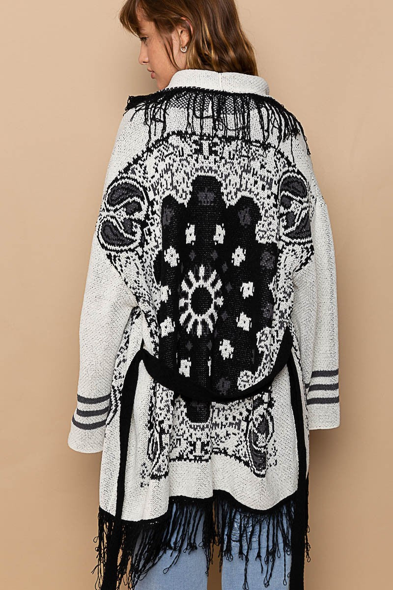 POL Fringe Paisley Shawl Collar Wrapped Cardigan Top