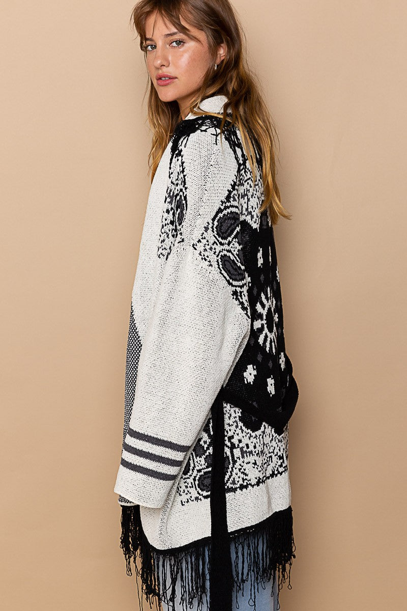 POL Fringe Paisley Shawl Collar Wrapped Cardigan Top