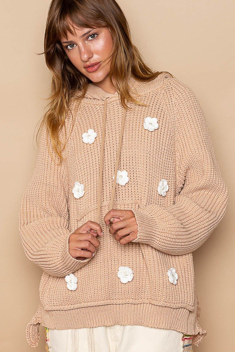 POL Long Sleeve Handmade Flower Patch Hoodie Top