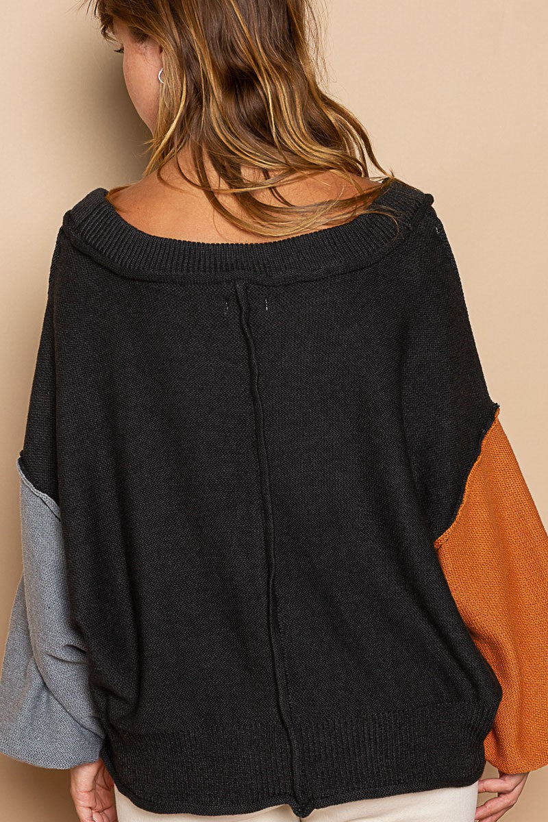 POL Contrasting Balloon Sleeve Basic Pullover Sweater Top
