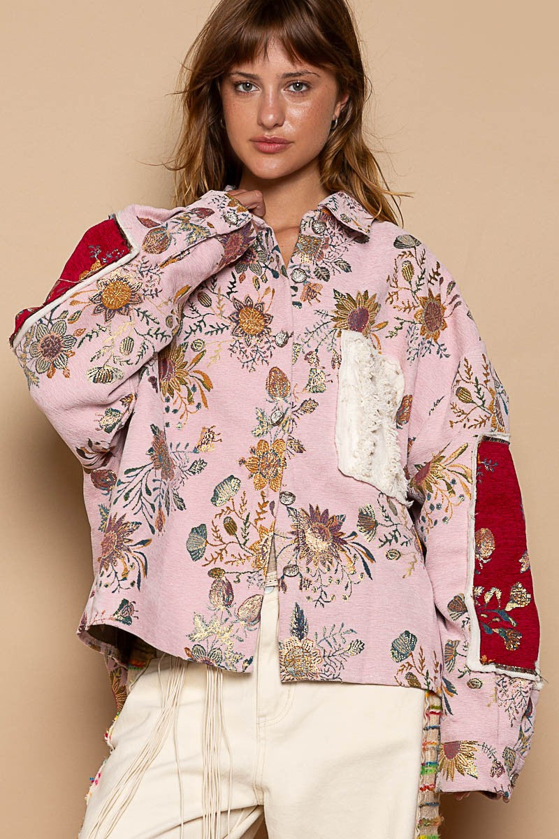 POL Floral Panels Floral Pattern Jacquard Shacket Top