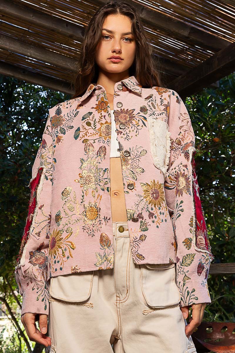 POL Floral Panels Floral Pattern Jacquard Shacket Top