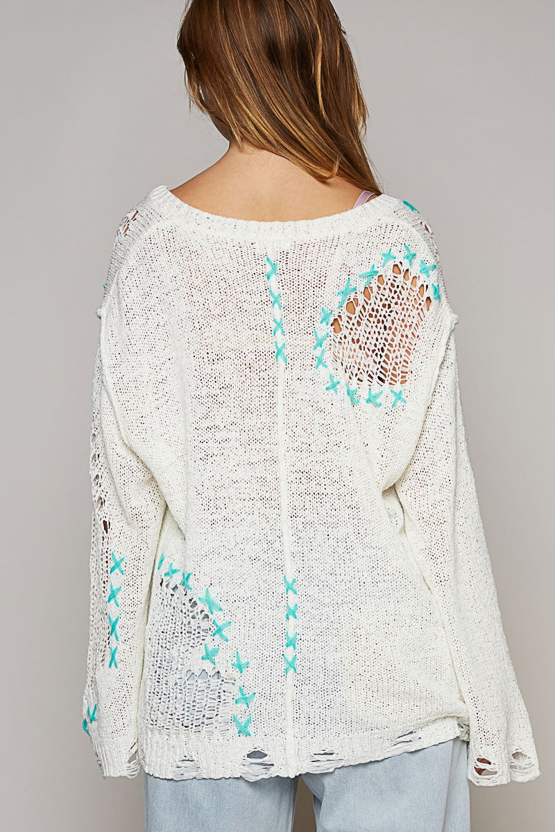 POL Long Sleeve Stitch Distressed V Neck Sweater Top
