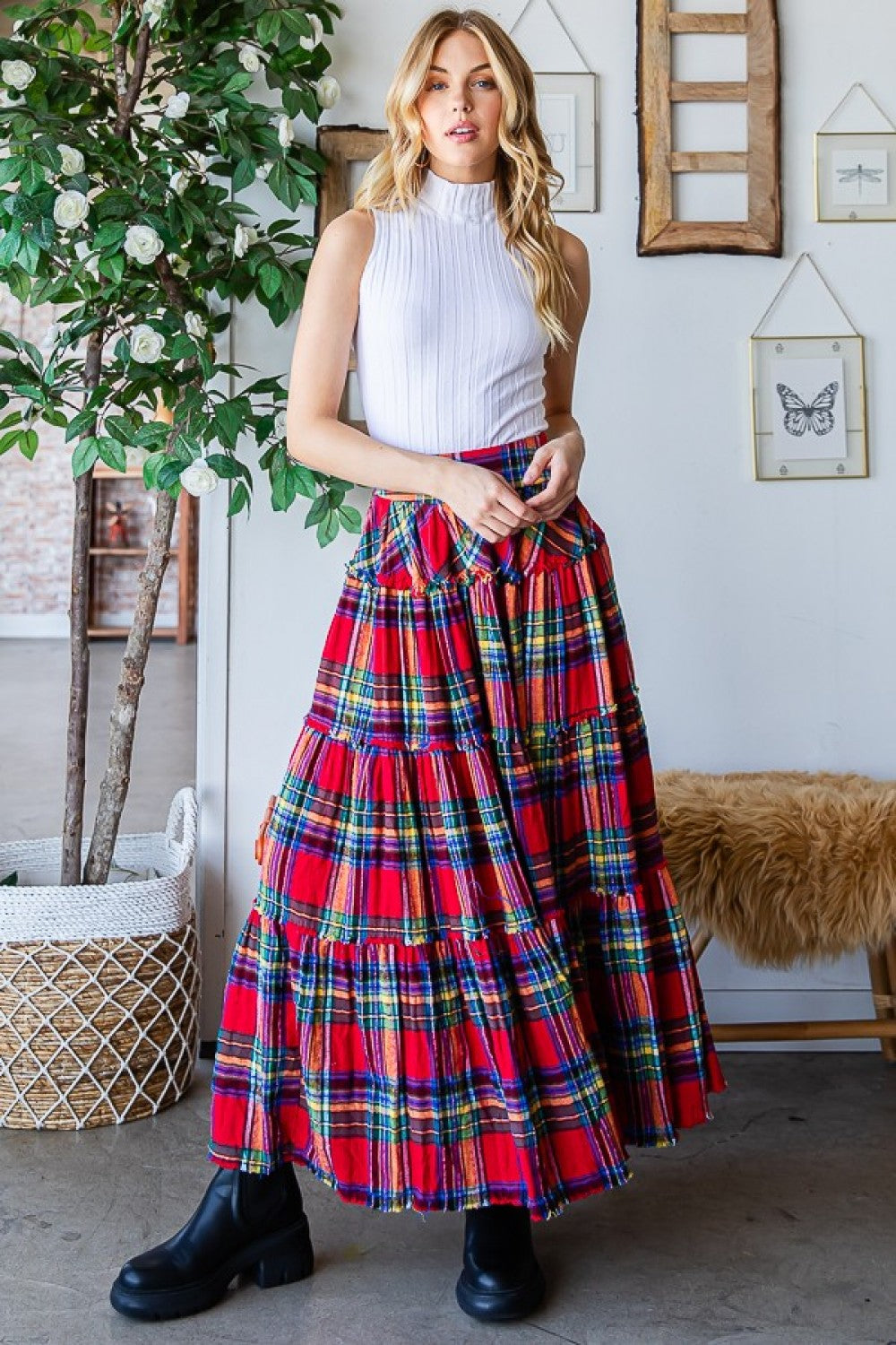 Oli & Hali Mineral Washed Check Plaid Tiered Skirt Pants
