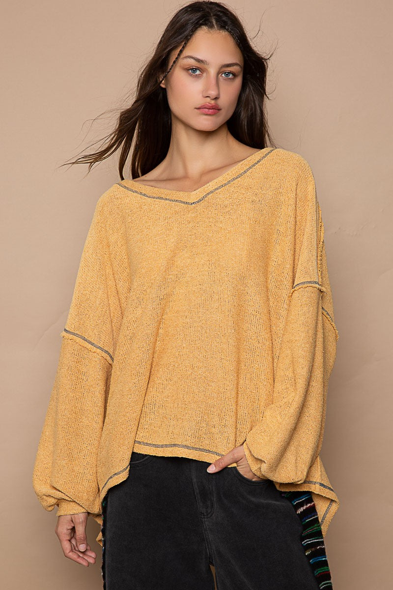 POL Oversize Fit Long Sleeve Overlock Detail Knit Top