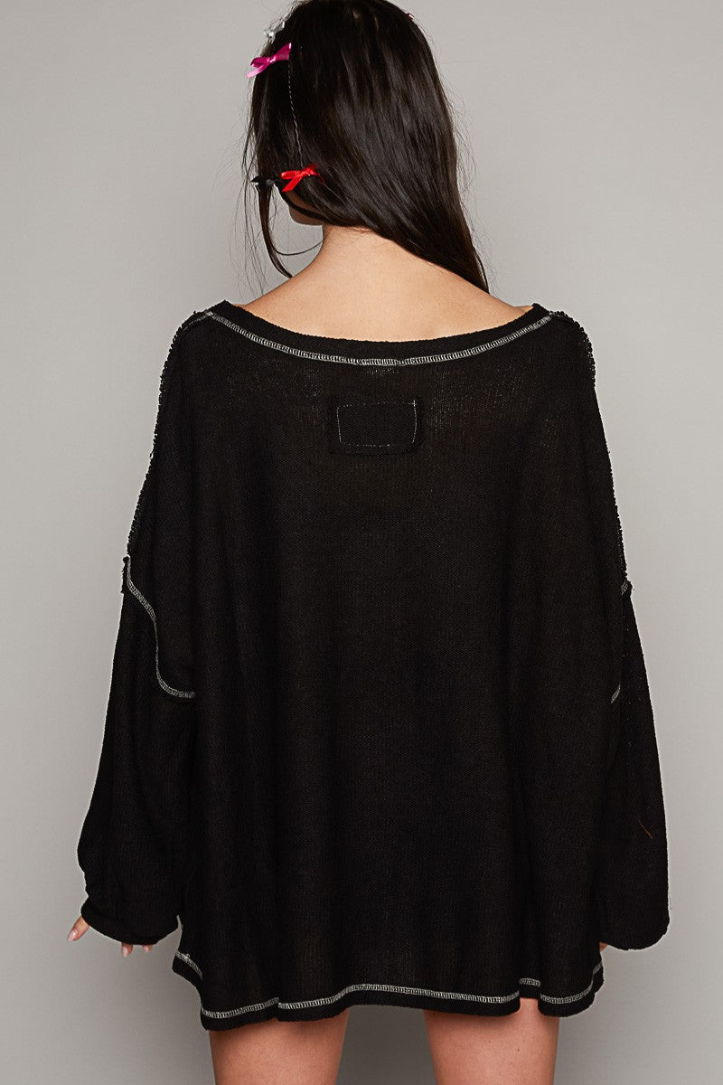 POL Oversize Fit Long Sleeve Overlock Detail Knit Top