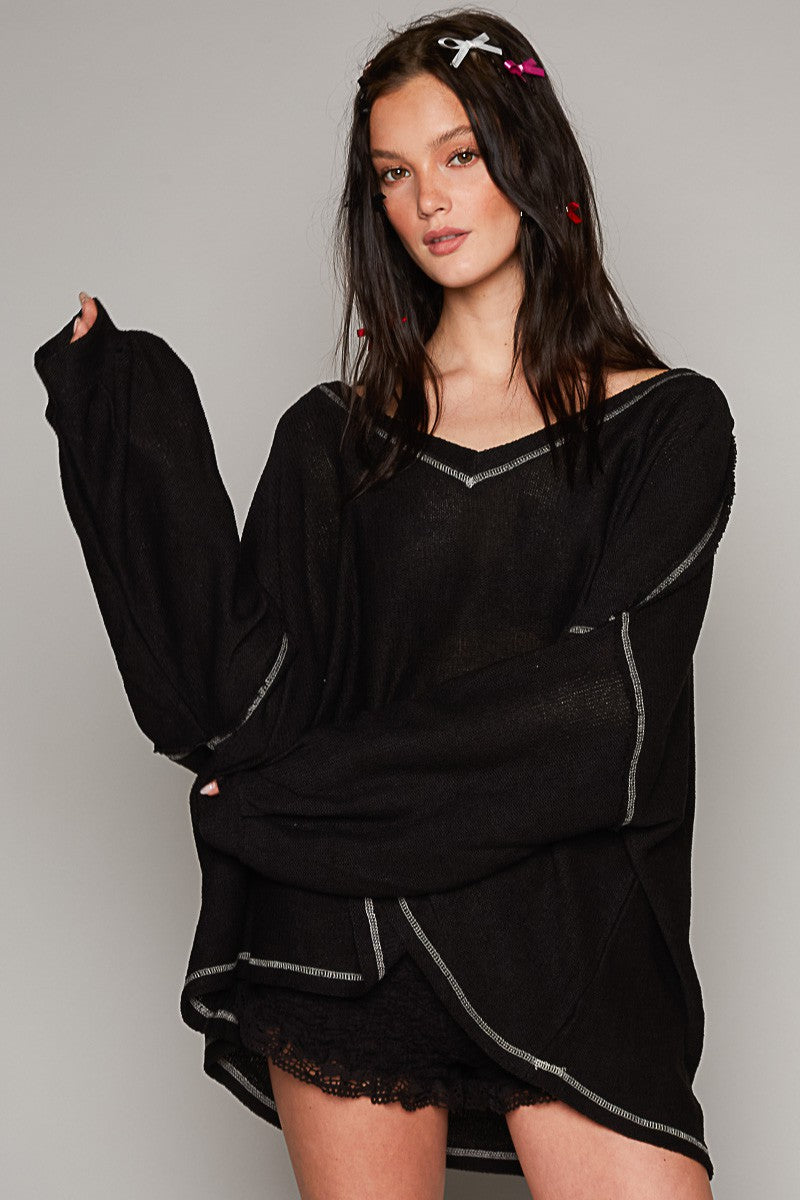 POL Oversize Fit Long Sleeve Overlock Detail Knit Top